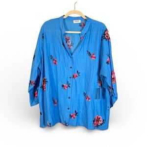 Kindred Blue Red Embroidered Floral Button Down Shirt Womens 3X Boho Festival
